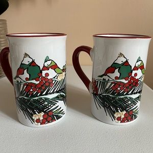 Set of 2 Harry And David Tall Christmas Mug Birds Pine Holly Berries